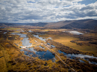 Aerial view of Arxan, Inner Mongolia, China in late autumn.