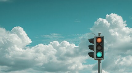 A traffic light displays a green signal against a backdrop of a blue sky filled with white clouds, indicating go for vehicles
