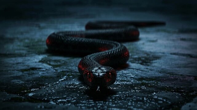 Black snake slithering across wet stone pavement with glowing red scales in dark low light environment