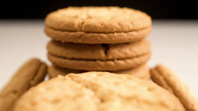 Stack of delicious homemade biscuits on metal skewer