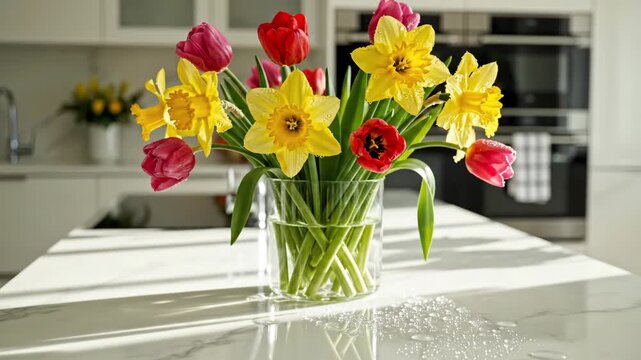 Fresh daffodils and tulips in vase on modern kitchen island