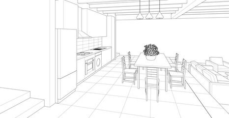 Fototapeta premium housing interior kitchen living room 3d illustration