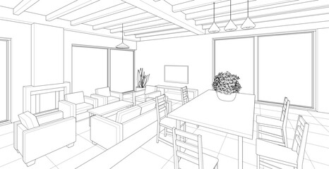Fototapeta premium housing interior kitchen living room 3d illustration