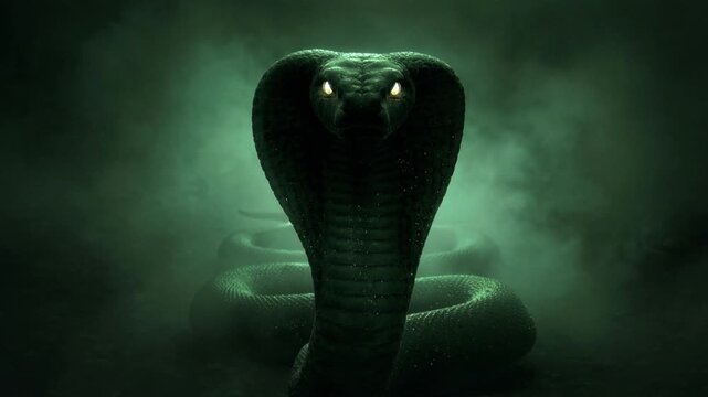Cobra raises hood and sways forward through green fog while staring with glowing eyes and flicking tongue
