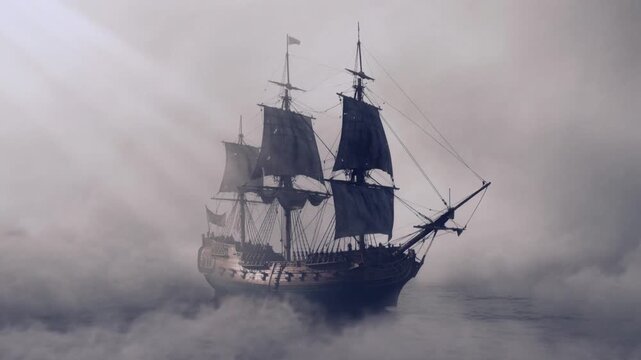 Tall sailing ship gliding through dense sea fog with dark sails and rigging emerging over calm water