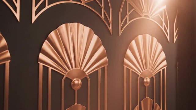 Decorative copper fan motifs adorn a dark background with varying depth