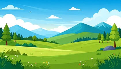 Scenic mountain landscape with lush green valley and clear blue sky summer nature view