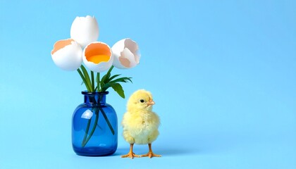 Adorable chick standing next to blue vase with creative eggshell flowers