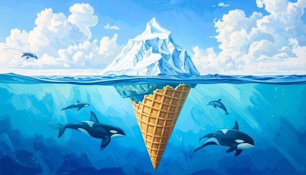 Whimsical underwater scene with orcas and ice cream cone iceberg