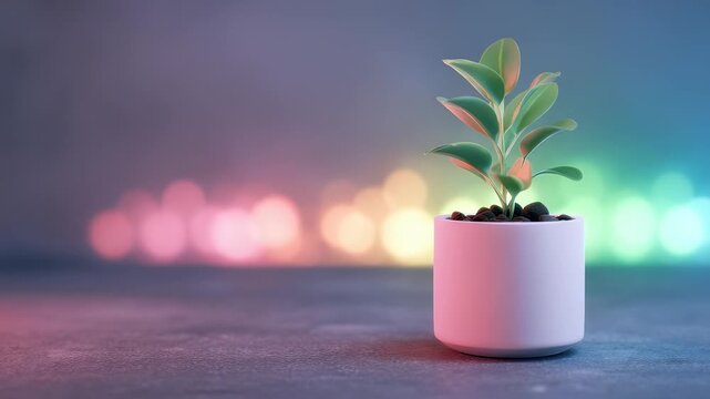 Small potted green plant with dark stones on  textured surface neon bokeh