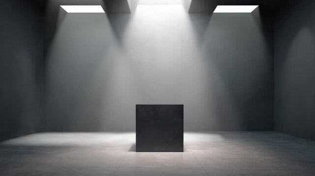 Dark cube on gray floor spotlighted from overhead ceiling opening in empty room