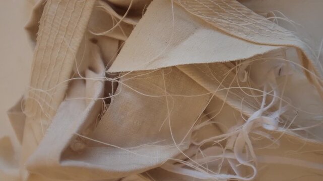 A high-angle, close-up tracking shot of a messy pile of unbleached cotton fabric scraps, frayed edges, and loose white threads. The video showcases the raw texture of textile manufacturing waste.