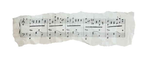 Torn and crumpled fragment of musical sheet with notes, wide horizontal composition isolated on transparent background. Vintage music paper banner with copy space for design © rvlsoft