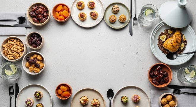 Overhead view of moroccan iftar spread with tagine, nuts, dates, pastries, and lime water on a light grey background