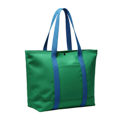 A vibrant green tote bag with blue accents and sturdy handles isolated on transparent background