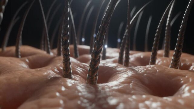 Explore human hair follicles under skin with ultra realistic macro cinematic visualization showing details of structure and placement
