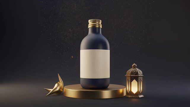 Black Cosmetic Bottle Mockup With Eid Decorations On Gold Podium