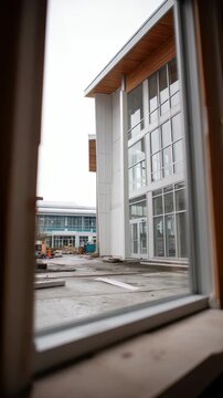 View through  window frame showing modern building exterior with wood soffit and construction area