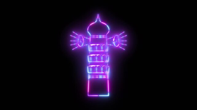 Neon glowing loudspeaker on minaret tower outline animation for Islamic call to prayer