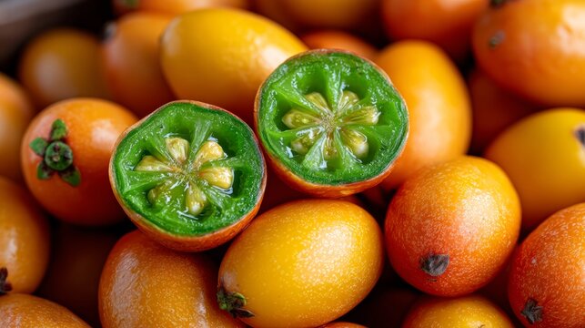 Ultra-close-up macro photograph of fresh lulos, showcasing vibrant orange skins and a cut fruit revealing its green interior, surrounded by whole lulos in a visually rich composition