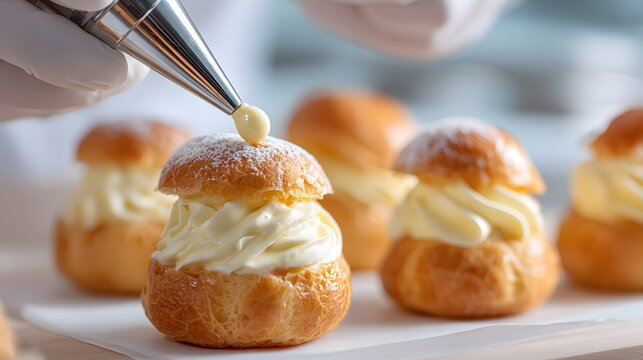 Delicious cream-filled pastries being topped with a piped dollop of cream, surrounded by several similar treats, showing the art of pastry decoration with close-up focus and detail