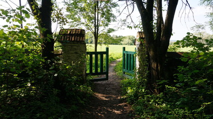 a green gate surrounded by trees and shrubs. There is a green field and a bright sky outside the gate.