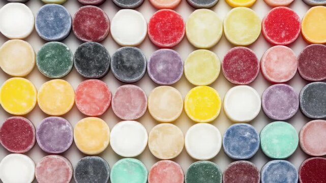 Assortment of colorful round pastel candies arranged in  grid pattern close up