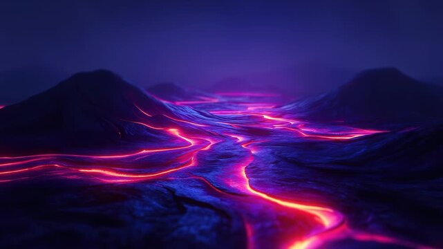 Glowing neon pink and orange lava flows through dark blue rugged terrain under  deep purple sky