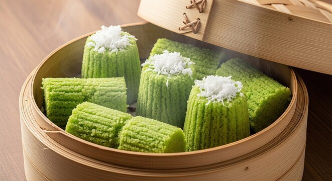 Steamed Kuih Putu Bambu Cakes with Coconut Topping in Bamboo Steamer