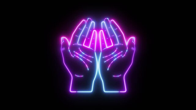A high-quality 4k motion graphics animation of Neon glowing outline of hands raised in prayer or dua for spiritual concept animation.