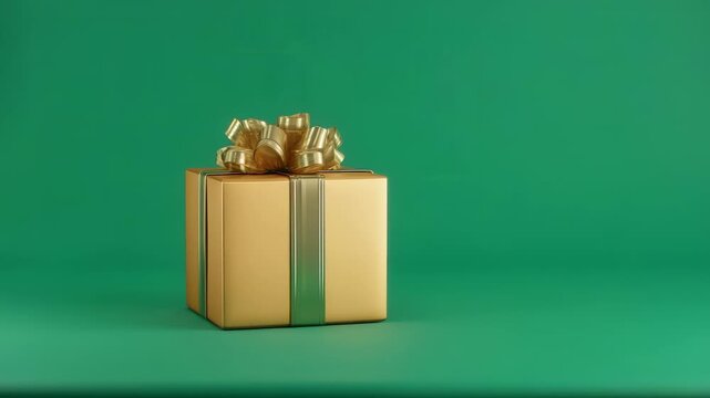 Gold gift box with bow on solid deep green  space concept