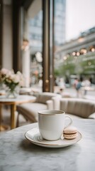 White cup on a saucer with a brown macaron, set on a marble table in a cozy cafe, blurred background showing people and greenery outside large windows, soft natural lighting