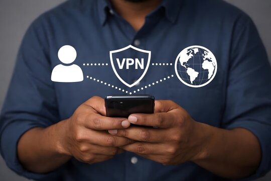 VPN, Virtual private network protocol concept. Person using smartphone with VPN icon on virtual screen for connect to VPN network..