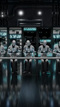 Looping robot in server room monitors systems via futuristic interface