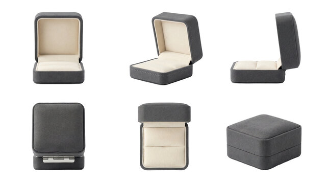 Elegant dark gray velvet jewelry ring box set featuring open and closed angles isolated on transparent background for wedding proposal gift packaging concept.