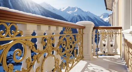 Luxury balcony with ornate railing overlooking snow-covered mountains. This image captures a serene winter scene, perfect for themes of architecture, luxury living, or winter retreats.