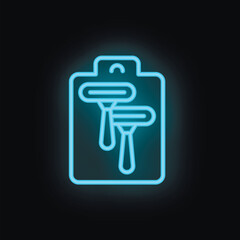 Fototapeta premium Blue neon icon of shaving razor blades on clipboard glowing on black background