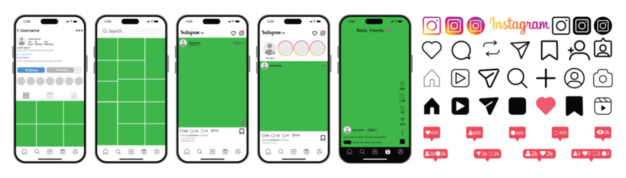 instagram mockup social media template. Instagram Post, Reels, Story, stories, grid and Profile mockup template. green screen. Instagram social network Mobile app user interface
