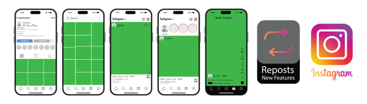 Instagram app layout mockup with feed, reels, stories, post grid, direct messenger, green screen with Instagram post mockup with smartphone. Instagram social network app UI interface 

