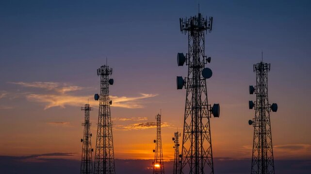 Telecommunication tower silhouette sunset with antenna and cellular mast against vibrant warm orange sky conveying calm urban communication