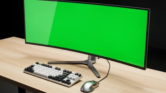 A curved monitor with a green screen sits on a wooden desk next to a keyboard and mouse
