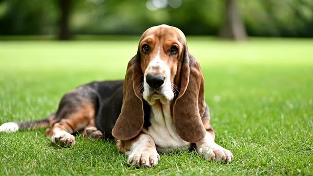 Basset hound sitting calmly outdoors in natural park, relaxed expression, soft natural daylight, calm and affectionate mood, pet portrait