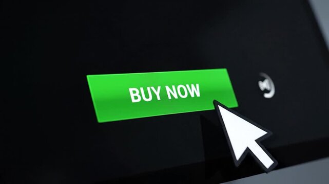 Mouse cursor clicks a green 'Buy Now' button on a screen, starting a purchase.