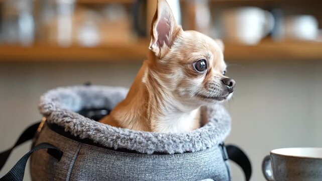 Curious Chihuahua peeking out of a soft fabric bag, urban caf&eacute; setting, calm and intimate atmosphere, pet companionship