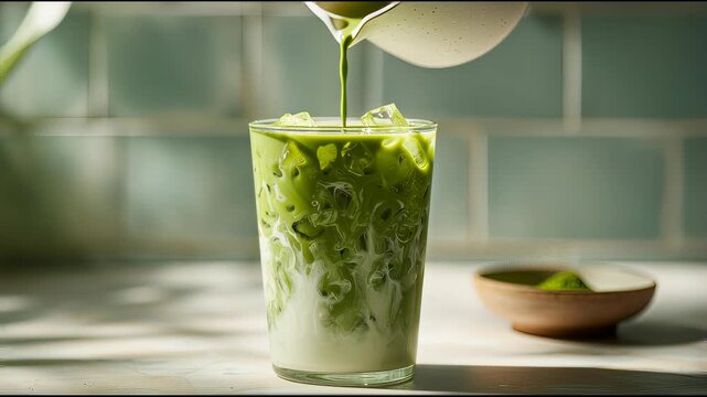 Iced matcha drink being poured into glass