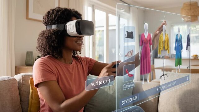 Woman wearing virtual reality headset interacting with augmented reality fashion shopping interface selecting dresses and accessories with joyful
