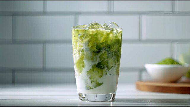 Iced matcha drink pouring into glass