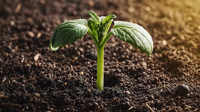 Emerging Seedling in Soil - A close-up shot reveals a vibrant green seedling sprouting from rich, dark soil. The young plant features newly unfolded leaves, signifying growth and potential.
