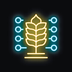 Obraz premium Glowing neon icon of wheat and digital dots representing modern technologies in agriculture and farming