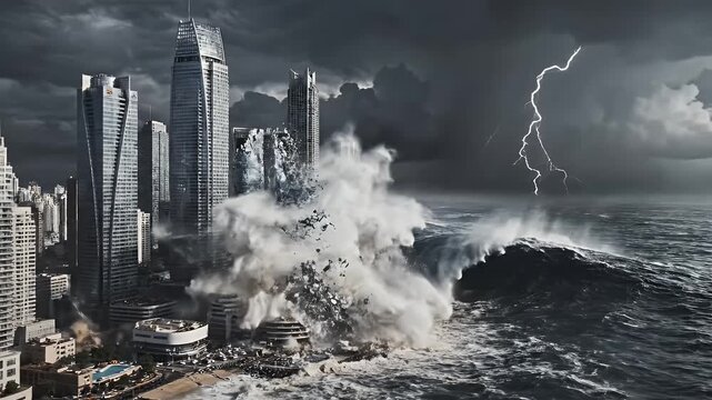 Coastal City Under Storm Surge - A massive storm surge floods a coastal city, with tall skyscrapers looming in the background under a dark, ominous sky.